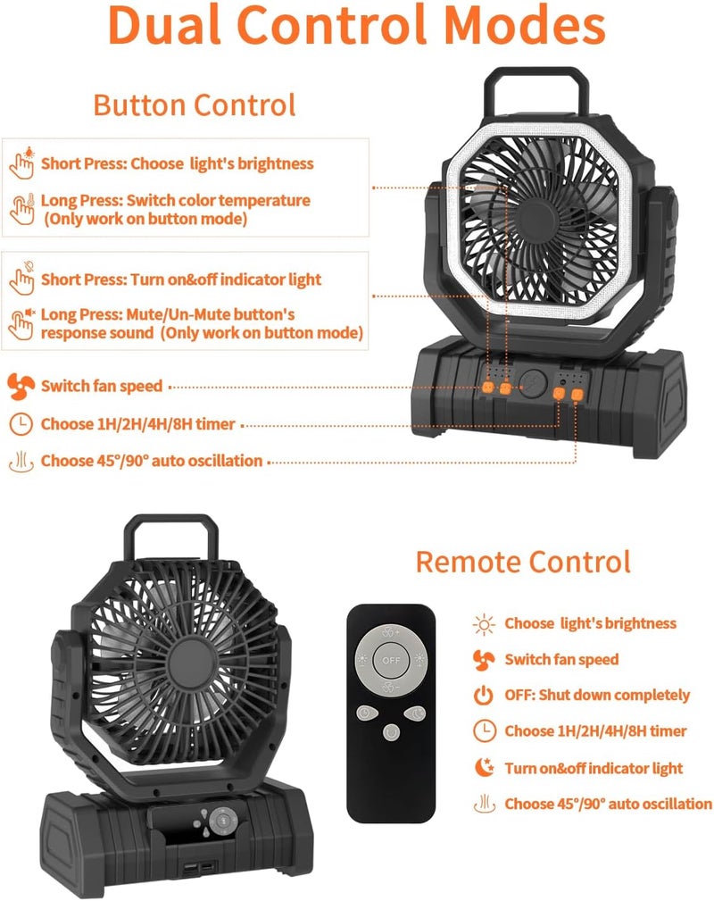 Adust Portable Camping Fan Battery Powered Operated with LED Light 20000mAh Rechargeable Oscillating Fan with 360° Rotation Hanging Hook for Tents, USB Desk Fan for Bedroom, Office (Black) - Image 5